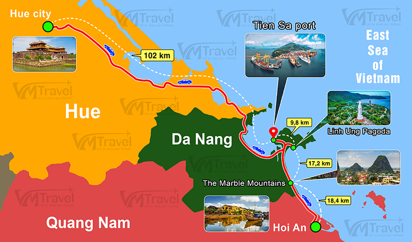 Map Tien Sa Port to Hue - Da Nang - Hoi An